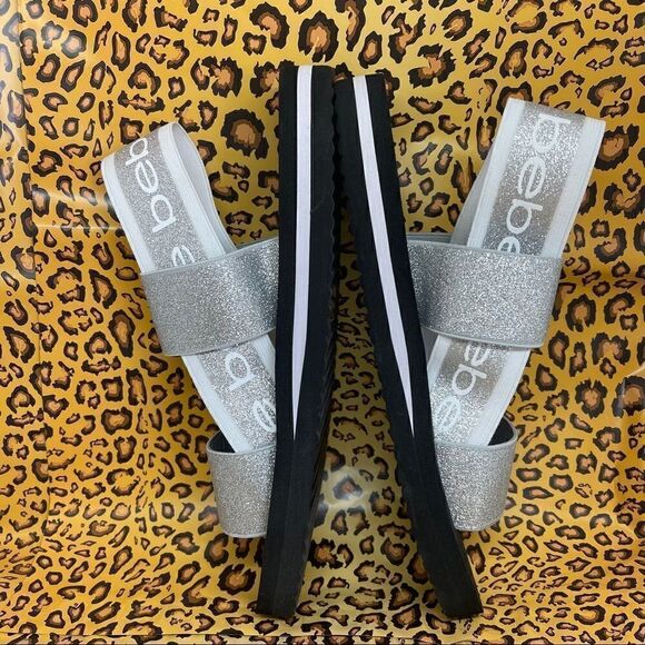 Bebe Atena Silver Giltter Stretch Sandals NWT Sz9 - Picture 8 of 16